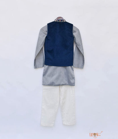 Blue Velvet Printed Nehru Jacket with Kurta Pant for Boys