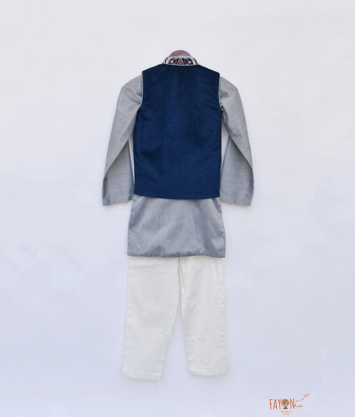 Blue Velvet Printed Nehru Jacket with Kurta Pant for Boys