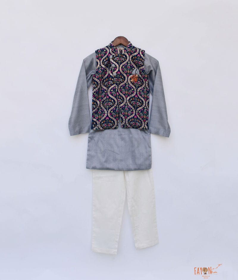 Blue Velvet Printed Nehru Jacket with Kurta Pant for Boys
