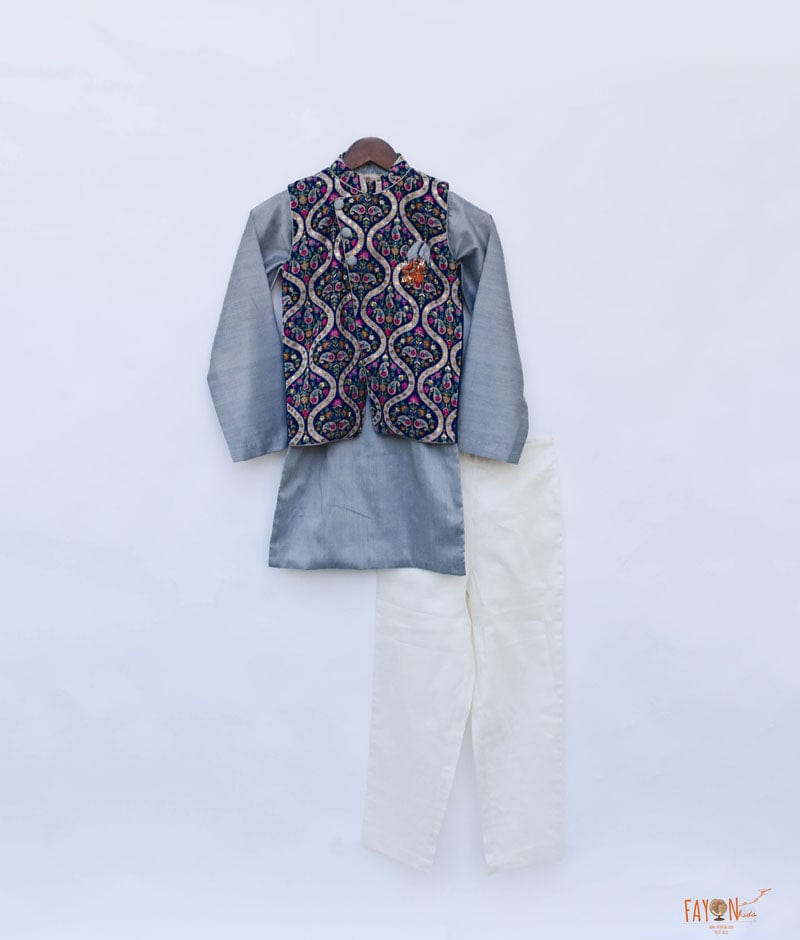 Blue Velvet Printed Nehru Jacket with Kurta Pant for Boys
