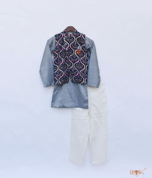 Blue Velvet Printed Nehru Jacket with Kurta Pant for Boys