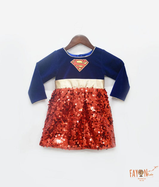 Fayon Kids Blue Velvet Red Sequins Dress for Girls