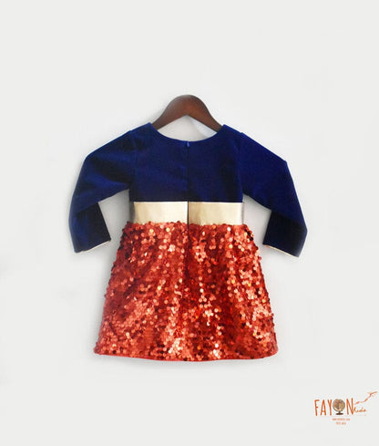 Fayon Kids Blue Velvet Red Sequins Dress for Girls