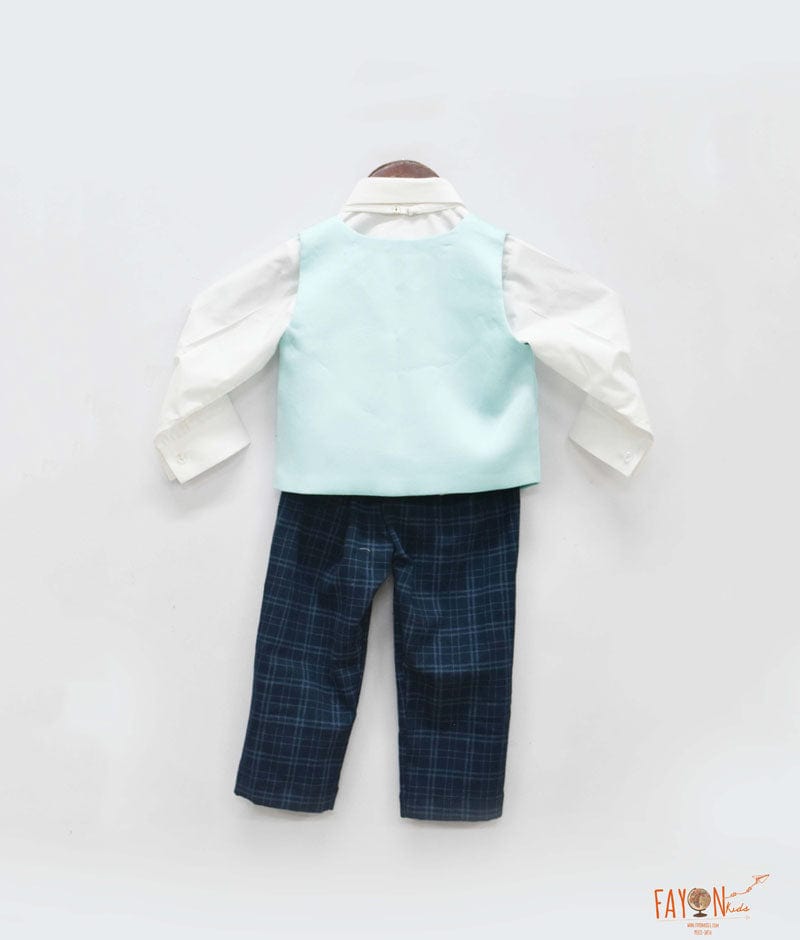 Fayon Kids Blue Waist Coat with Off white Shirt Black Checks Pant for Boys