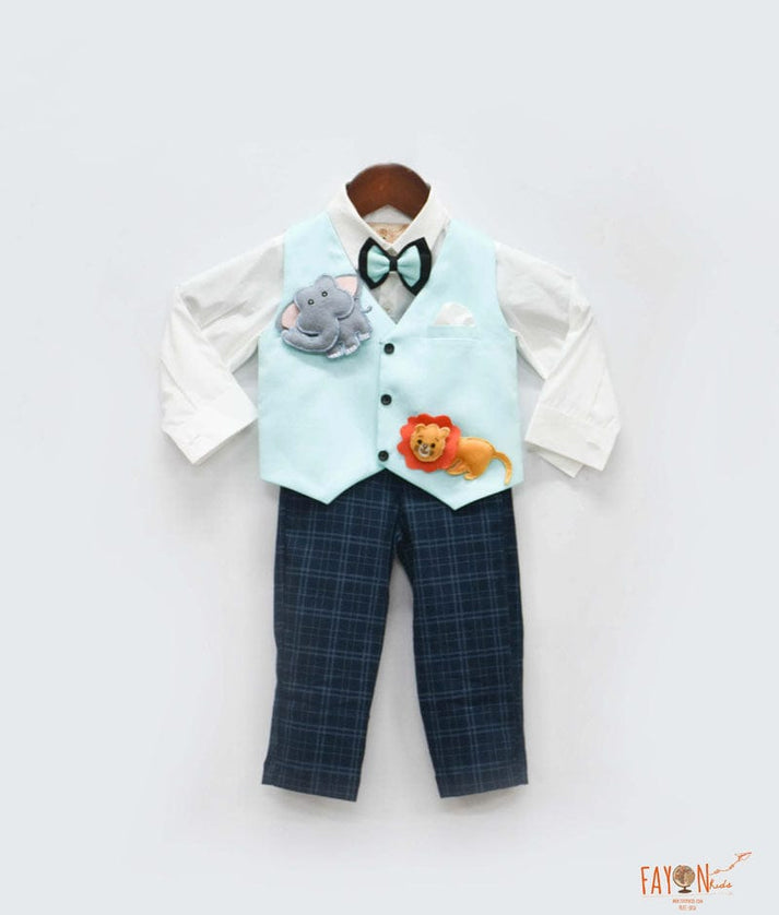 Blue Waist Coat with Off white Shirt Black Checks Pant for Boys
