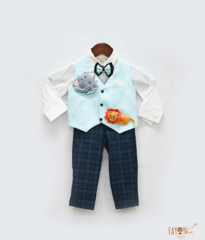 Fayon Kids Blue Waist Coat with Off white Shirt Black Checks Pant for Boys