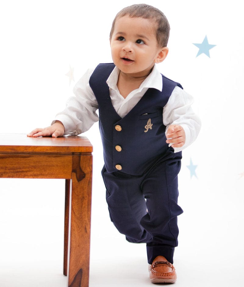 Blue Waist Coat with White Shirt Pant for Boys