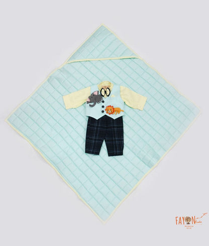 Blue Waist Coat Yellow Shirt Jamna Set with Check Pant for Boys