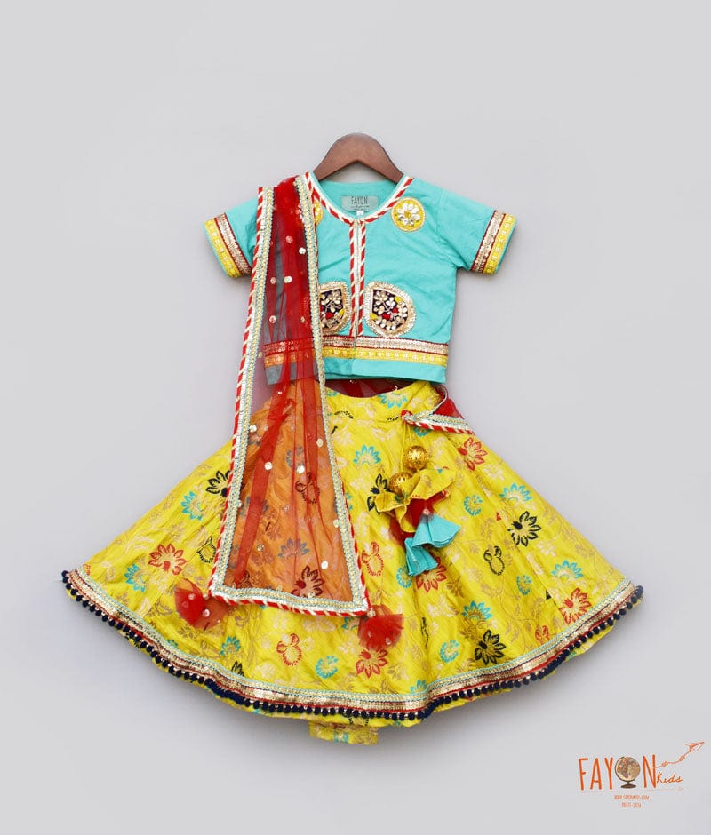 Blue Yellow Brocade Lehenga with Choli Boti Net Dupatta for Girls