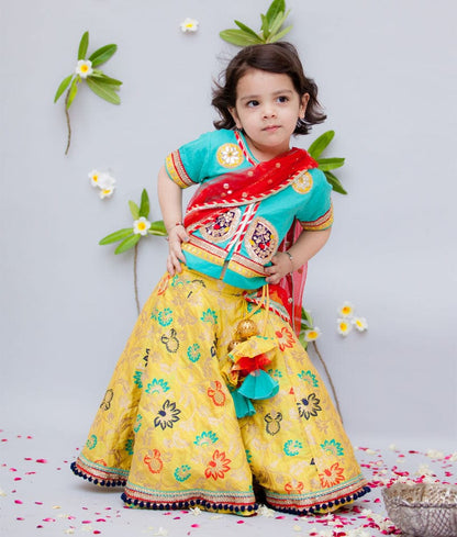 Fayon Kids Blue Yellow Brocade Lehenga with Choli Boti Net Dupatta for Girls