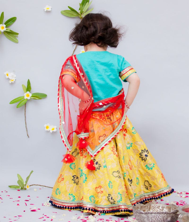 Blue Yellow Brocade Lehenga with Choli Boti Net Dupatta for Girls