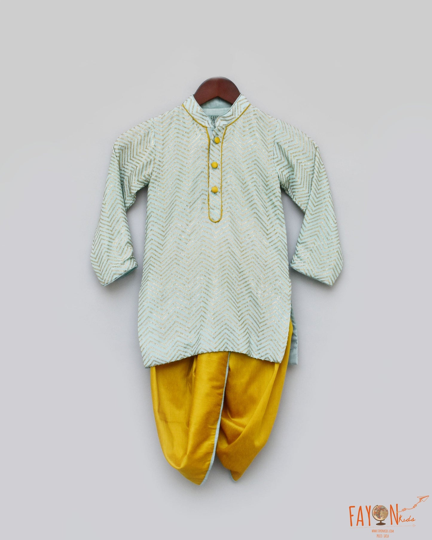 Fayon Kids Blue Zig Zag Gota Kurta with Yellow Dhoti for Boys