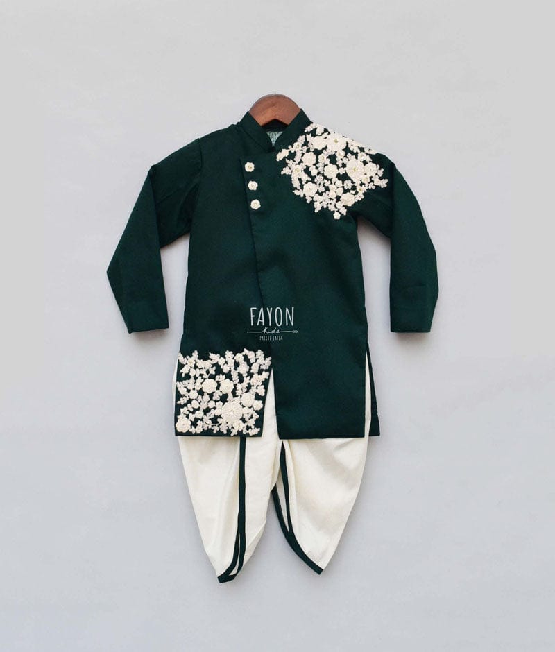 Fayon Kids Bottle Green Embroidery Ajkan with Dhoti for Boys