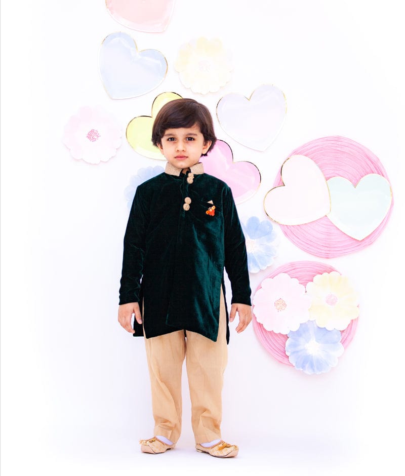 Fayon Kids Bottle Green Velvet Ajkan with Pant for Boys