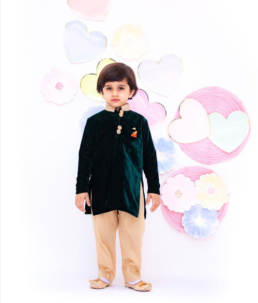 Fayon Kids Bottle Green Velvet Ajkan with Pant for Boys