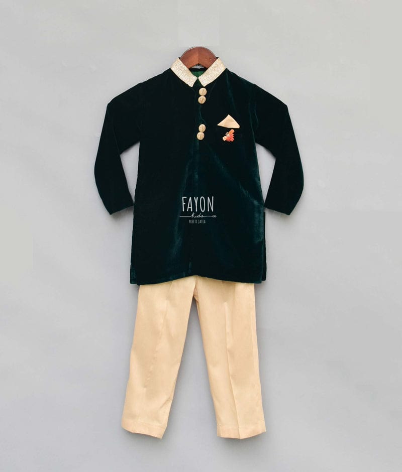 Fayon Kids Bottle Green Velvet Ajkan with Pant for Boys