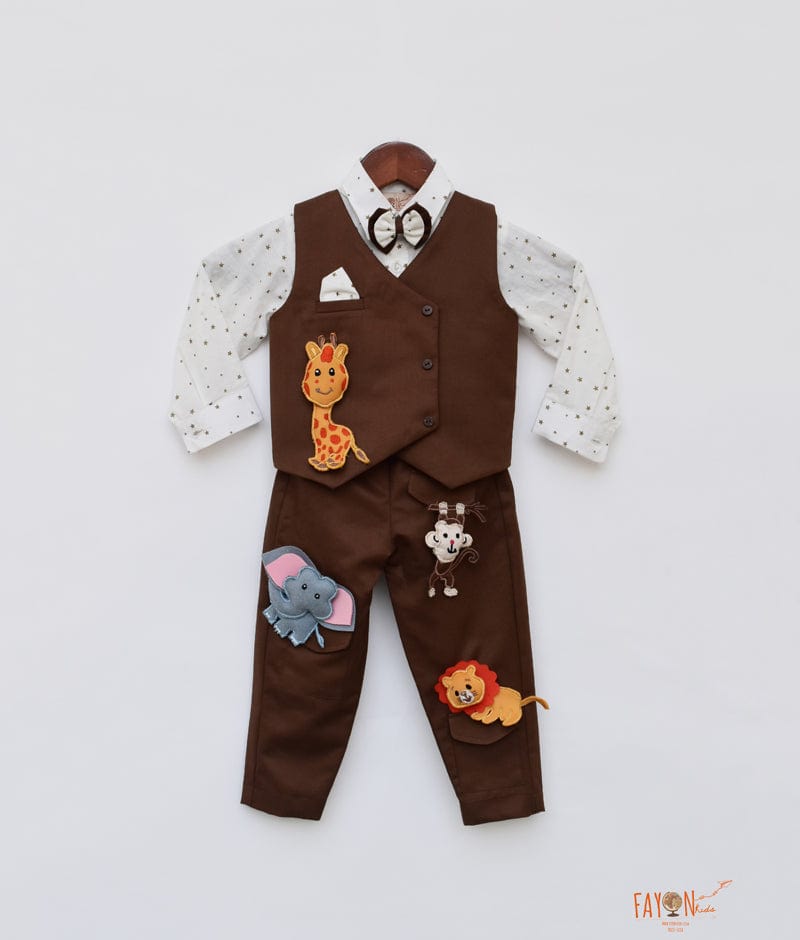 Fayon Kids Brown Animals Motifs Waist Coat with Shirt Brown Pant for Boys