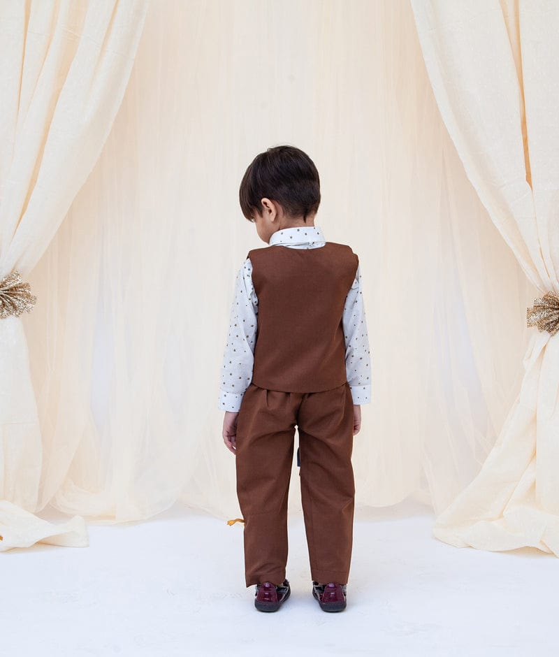 Fayon Kids Brown Animals Motifs Waist Coat with Shirt Brown Pant for Boys