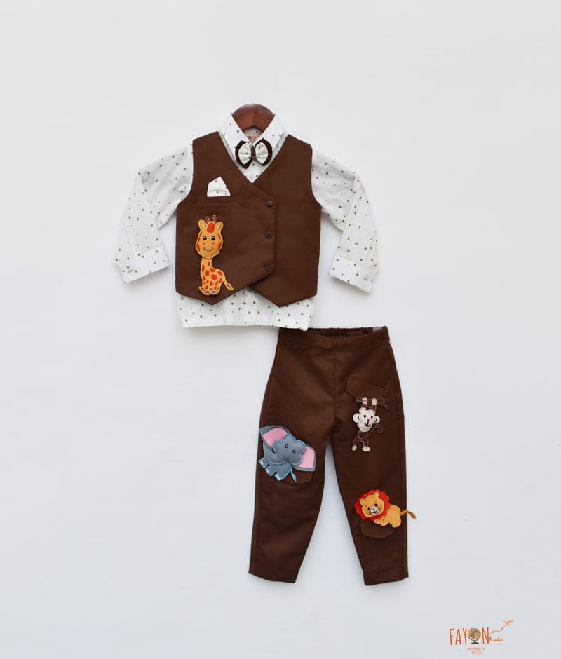 Fayon Kids Brown Animals Motifs Waist Coat with Shirt Brown Pant for Boys