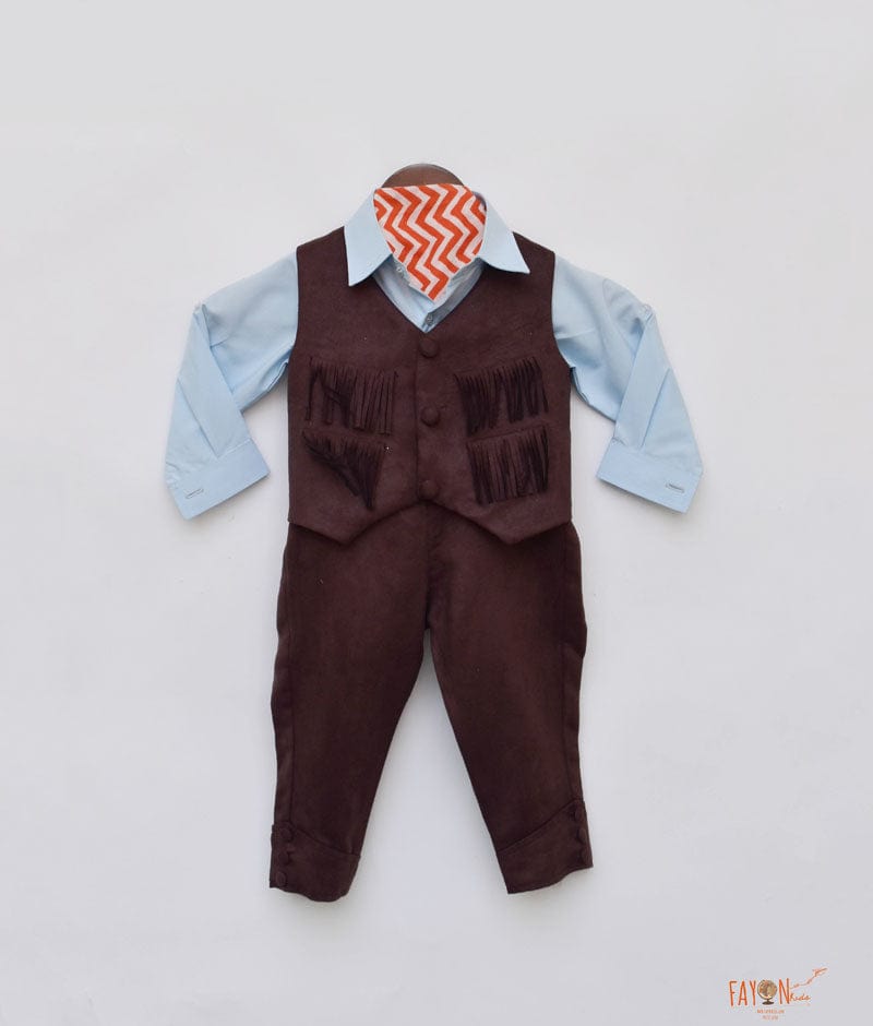Fayon Kids Brown Waist Coat with Blue Shirt Pant for Boys