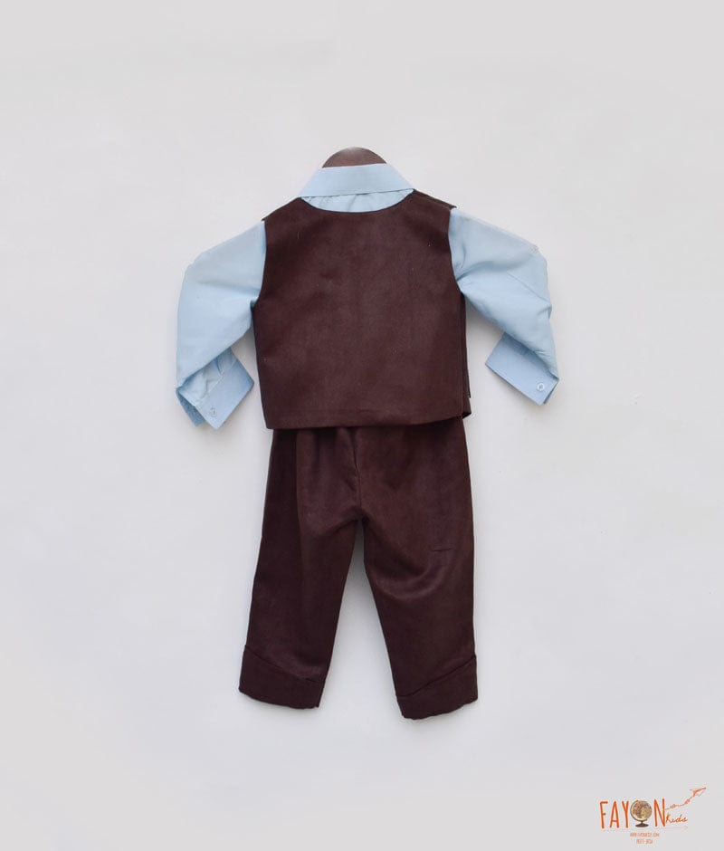 Fayon Kids Brown Waist Coat with Blue Shirt Pant for Boys