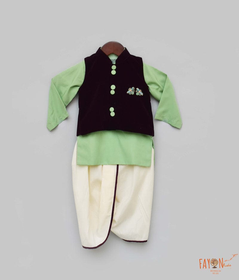 Fayon Kids Burgandy Velvet Nehru Jacket with Green Kurta Dhoti for Boys