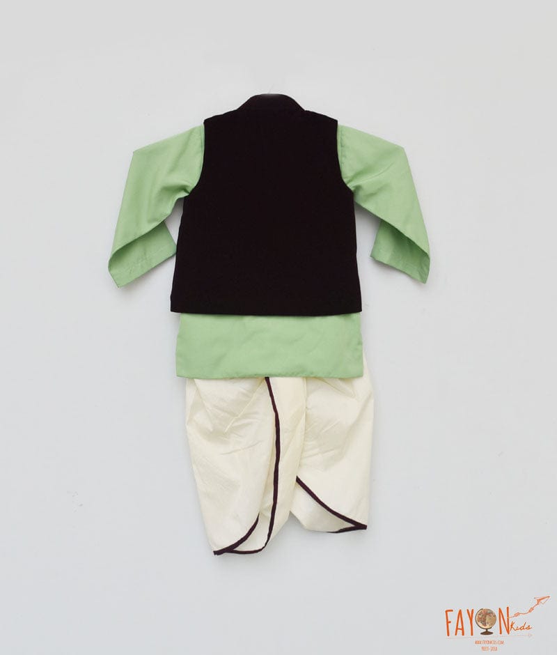 Burgandy Velvet Nehru Jacket with Green Kurta Dhoti for Boys