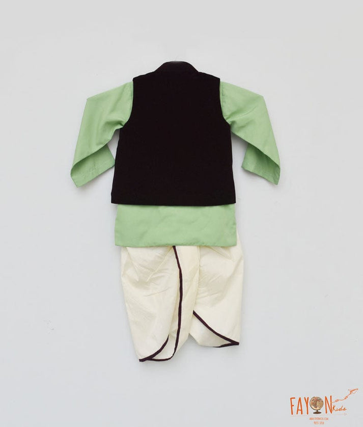 Burgandy Velvet Nehru Jacket with Green Kurta Dhoti for Boys