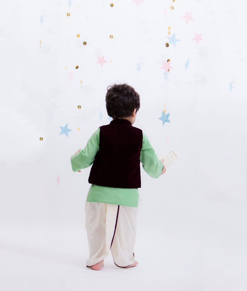 Burgandy Velvet Nehru Jacket with Green Kurta Dhoti for Boys