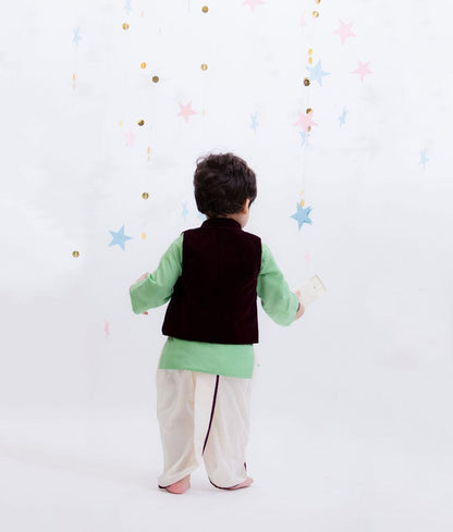 Burgandy Velvet Nehru Jacket with Green Kurta Dhoti for Boys