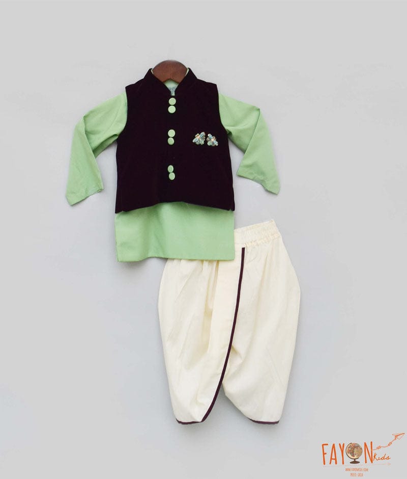 Fayon Kids Burgandy Velvet Nehru Jacket with Green Kurta Dhoti for Boys