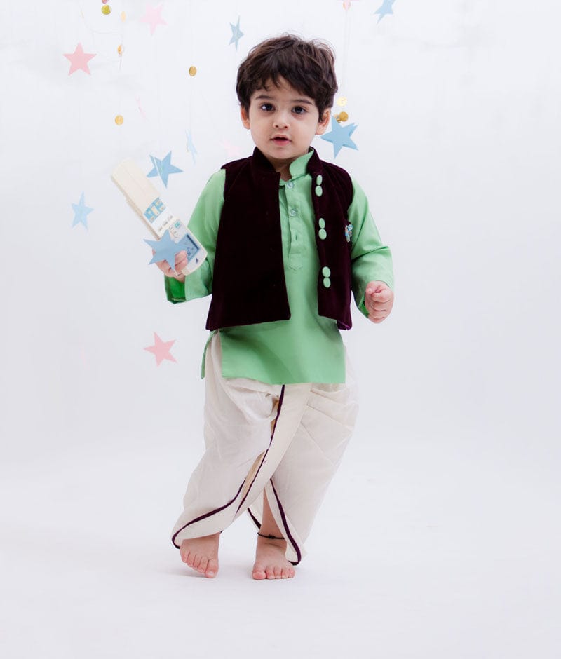 Burgandy Velvet Nehru Jacket with Green Kurta Dhoti for Boys