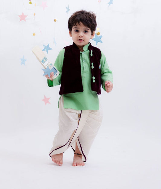 Burgandy Velvet Nehru Jacket with Green Kurta Dhoti for Boys