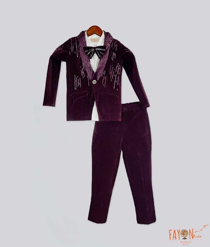 Fayon Kids Burgundy Velvet Coat Shirt Pant for Boys