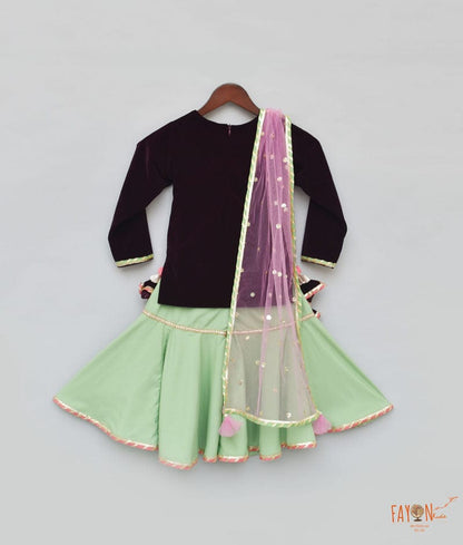 Fayon Kids Burgundy Velvet Green Sharara with Kurti Boti Net Dupatta for Girls