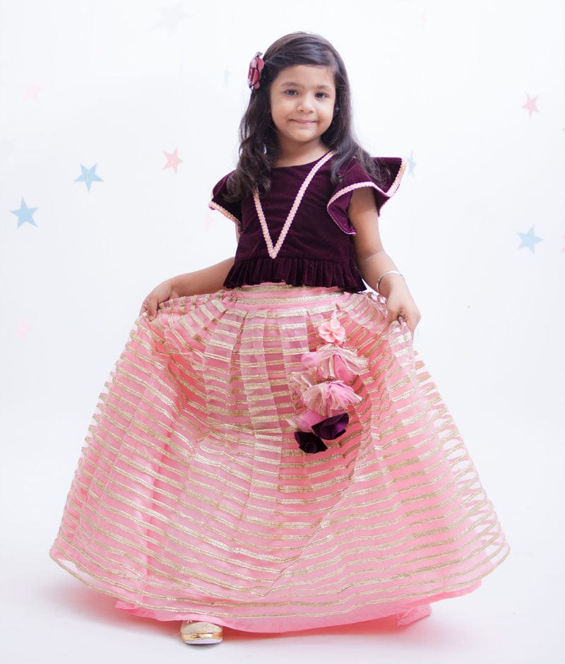 Fayon Kids Burgundy Velvet Pink Gota Embroidery Lehenga with Top for Girls