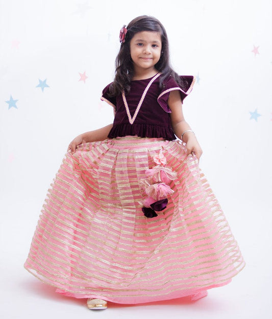 Burgundy Velvet Pink Gota Embroidery Lehenga with Top for Girls