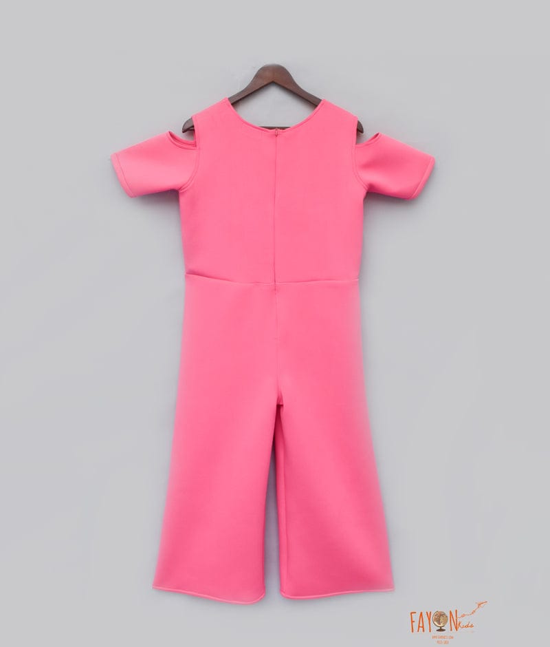 Fayon Kids Candy Pink Lycra Jumpsuit with 3D Flowers and Flamingo for Girls