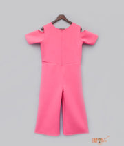 Candy Pink Lycra Jumpsuit with 3D Flowers and Flamingo for Girls