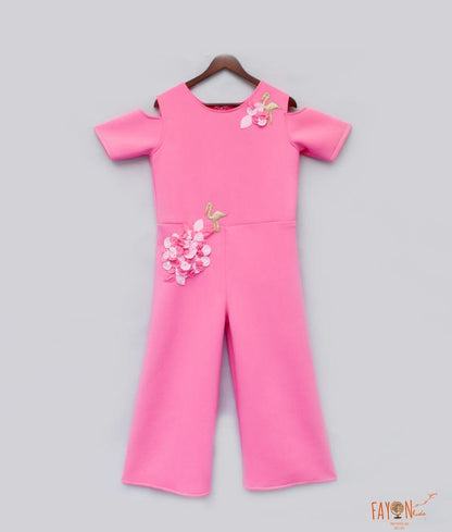 Fayon Kids Candy Pink Lycra Jumpsuit with 3D Flowers and Flamingo for Girls