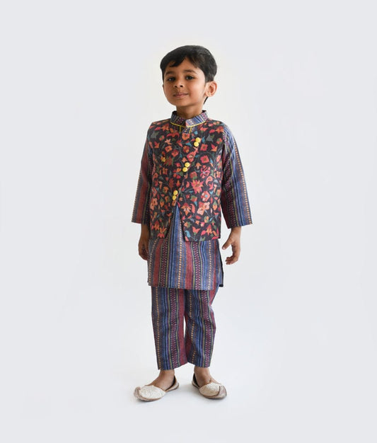 Fayon Kids Charcoal Printed Nehru Jacket Kurta Pant for Boys