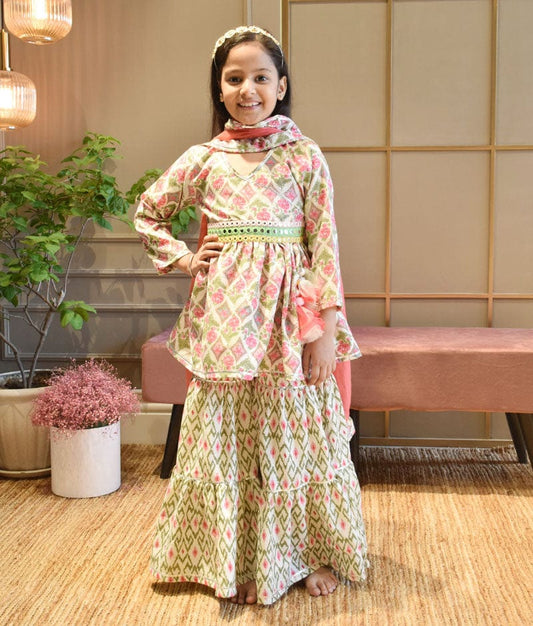 Coral Floral Print Kurti Sharara for Girls