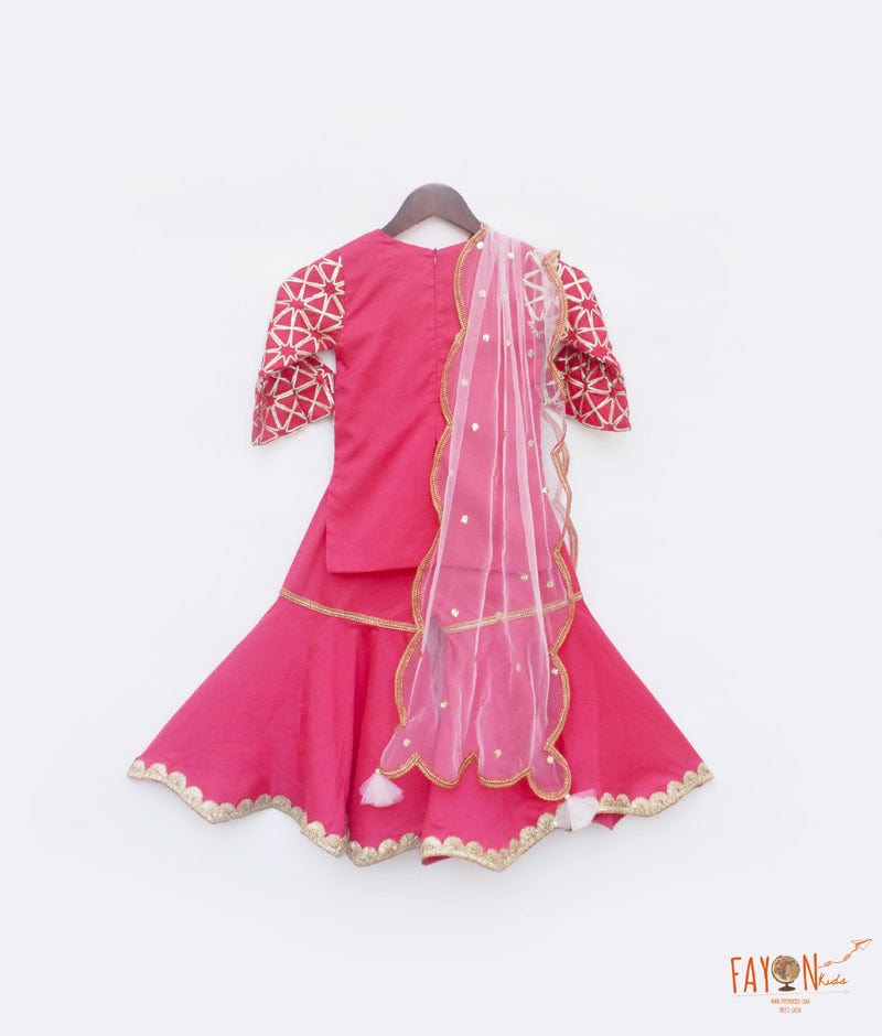 Fayon Kids Coral Gota Embroidery Sharara with Kurti Boti Net Dupatta for Girls