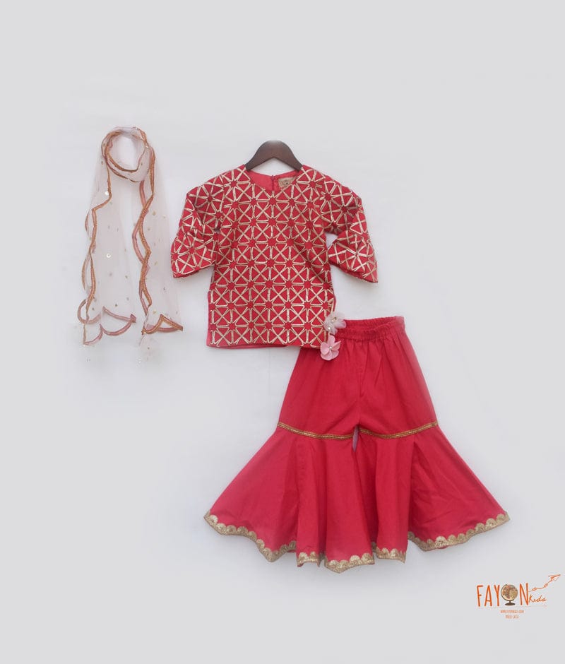 Fayon Kids Coral Gota Embroidery Sharara with Kurti Boti Net Dupatta for Girls