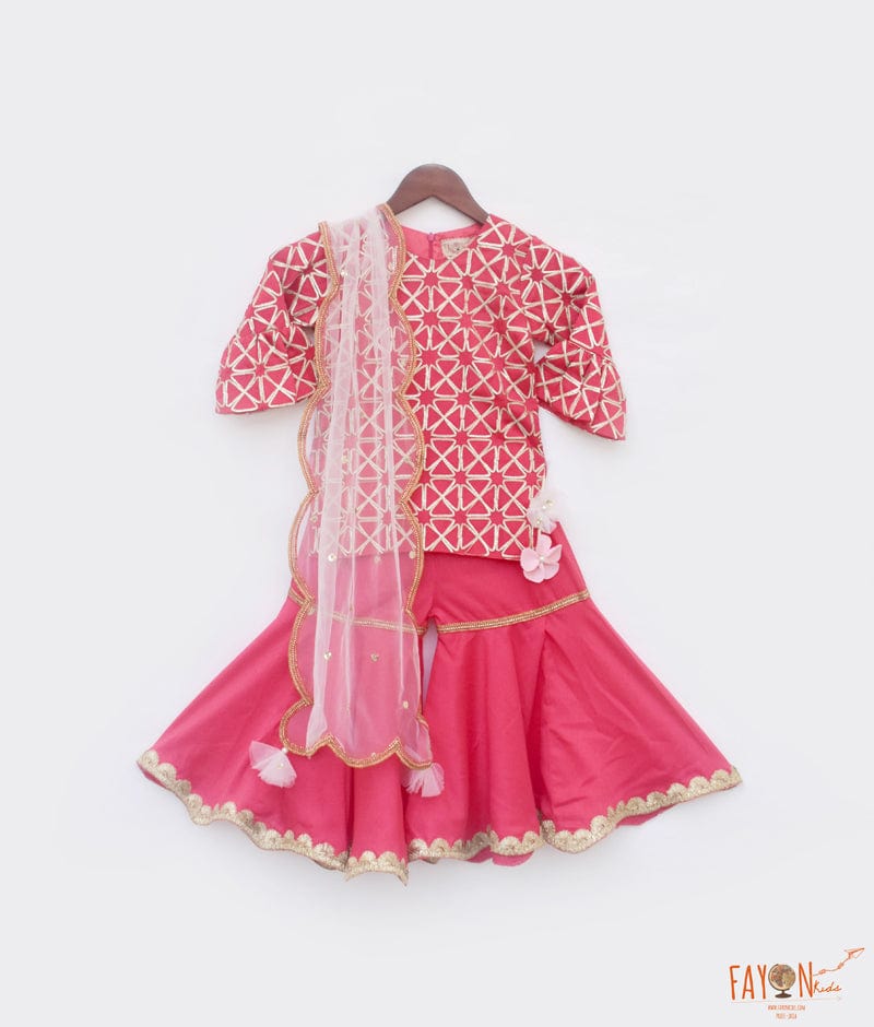 Fayon Kids Coral Gota Embroidery Sharara with Kurti Boti Net Dupatta for Girls