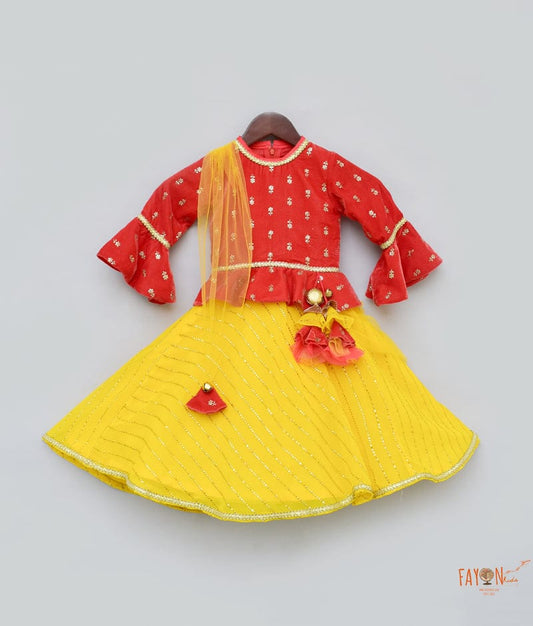 Fayon Kids Coral Velvet Yellow Georgette Anarkali with Net Dupatta for Girls
