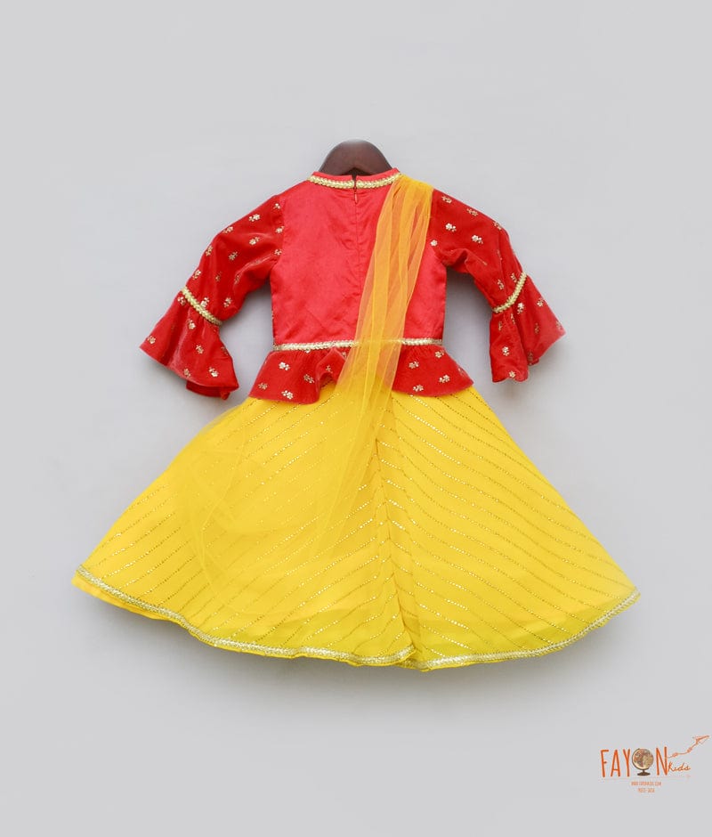 Fayon Kids Coral Velvet Yellow Georgette Anarkali with Net Dupatta for Girls