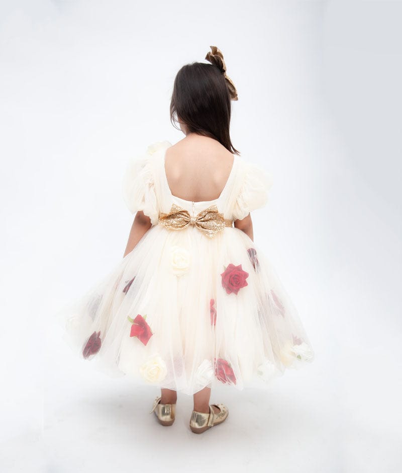 Fayon Kids Cream Flower Net Dress for Girls