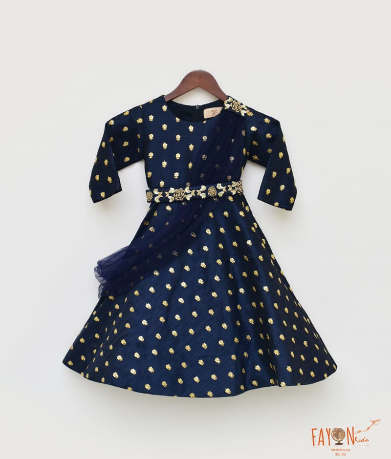 Dark Blue Booti Silk Embroidery Anarkali with Net Dupatta for Girls