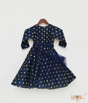 Dark Blue Booti Silk Embroidery Anarkali with Net Dupatta for Girls